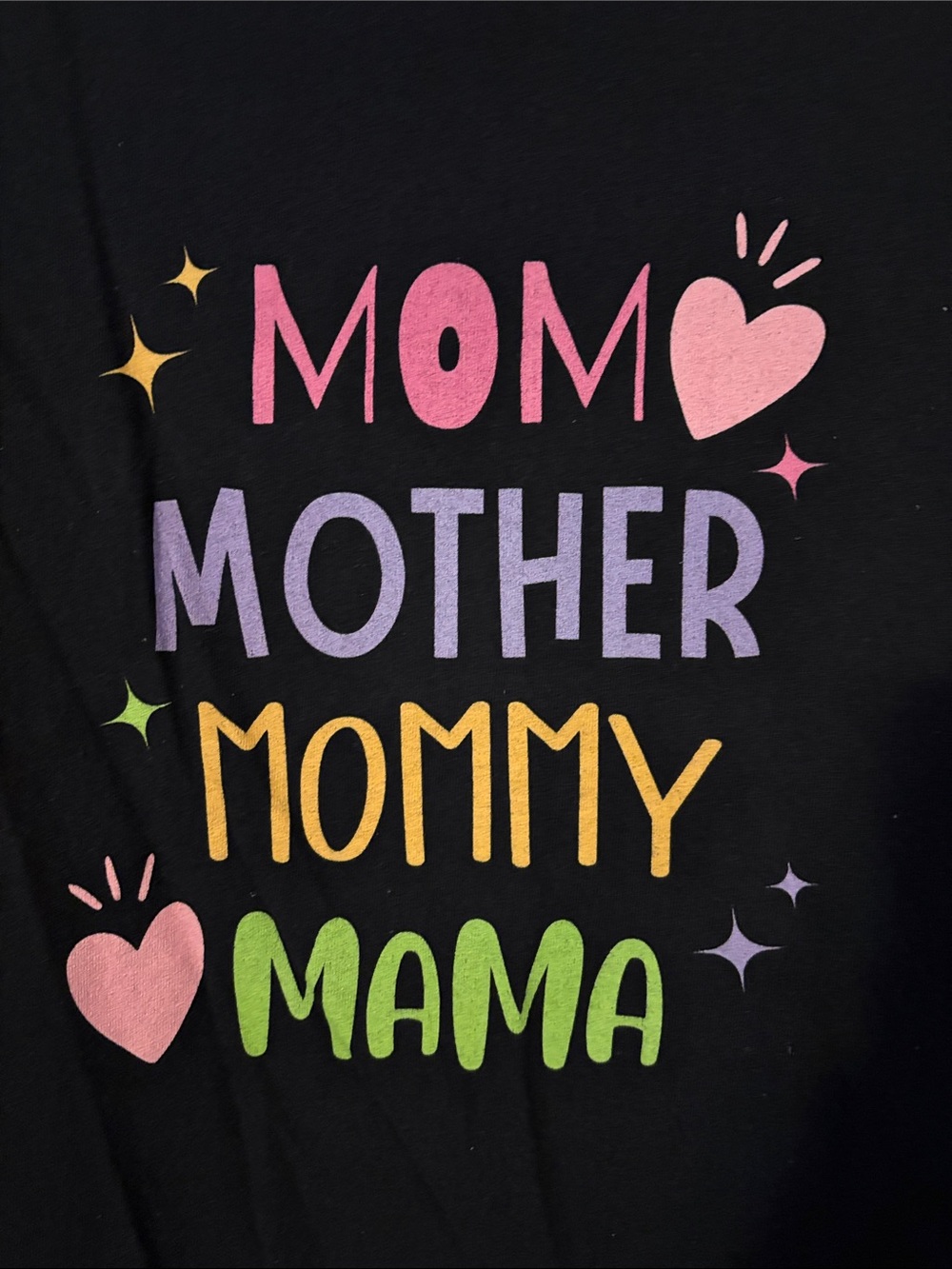 Gildan Black Tee with Pink, Purple, Yellow, Green Text